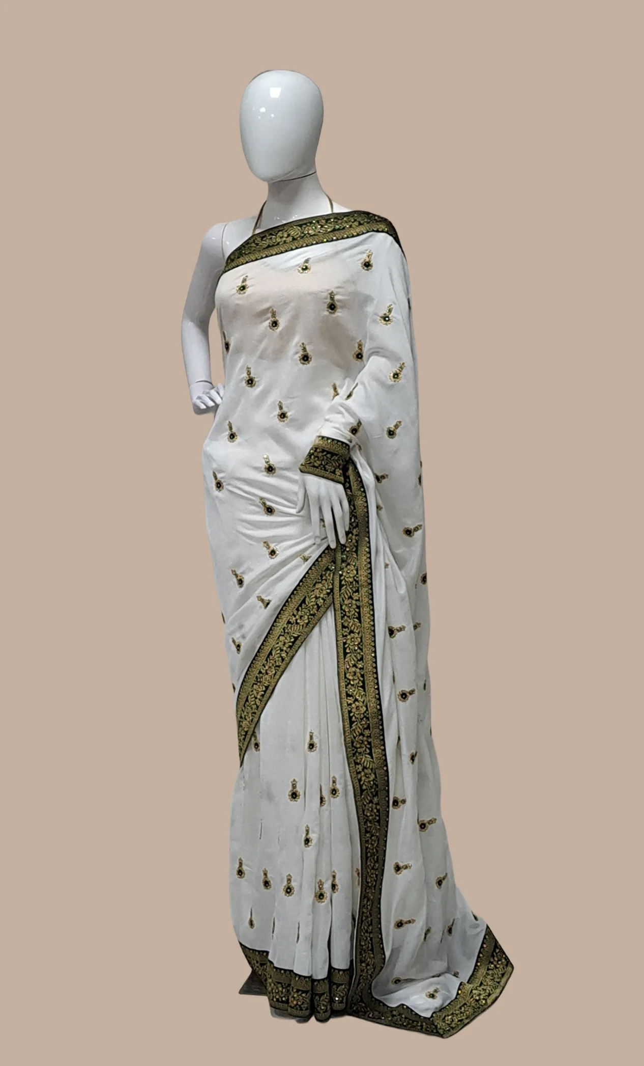 Off White With Dark Green Embroidered Sari