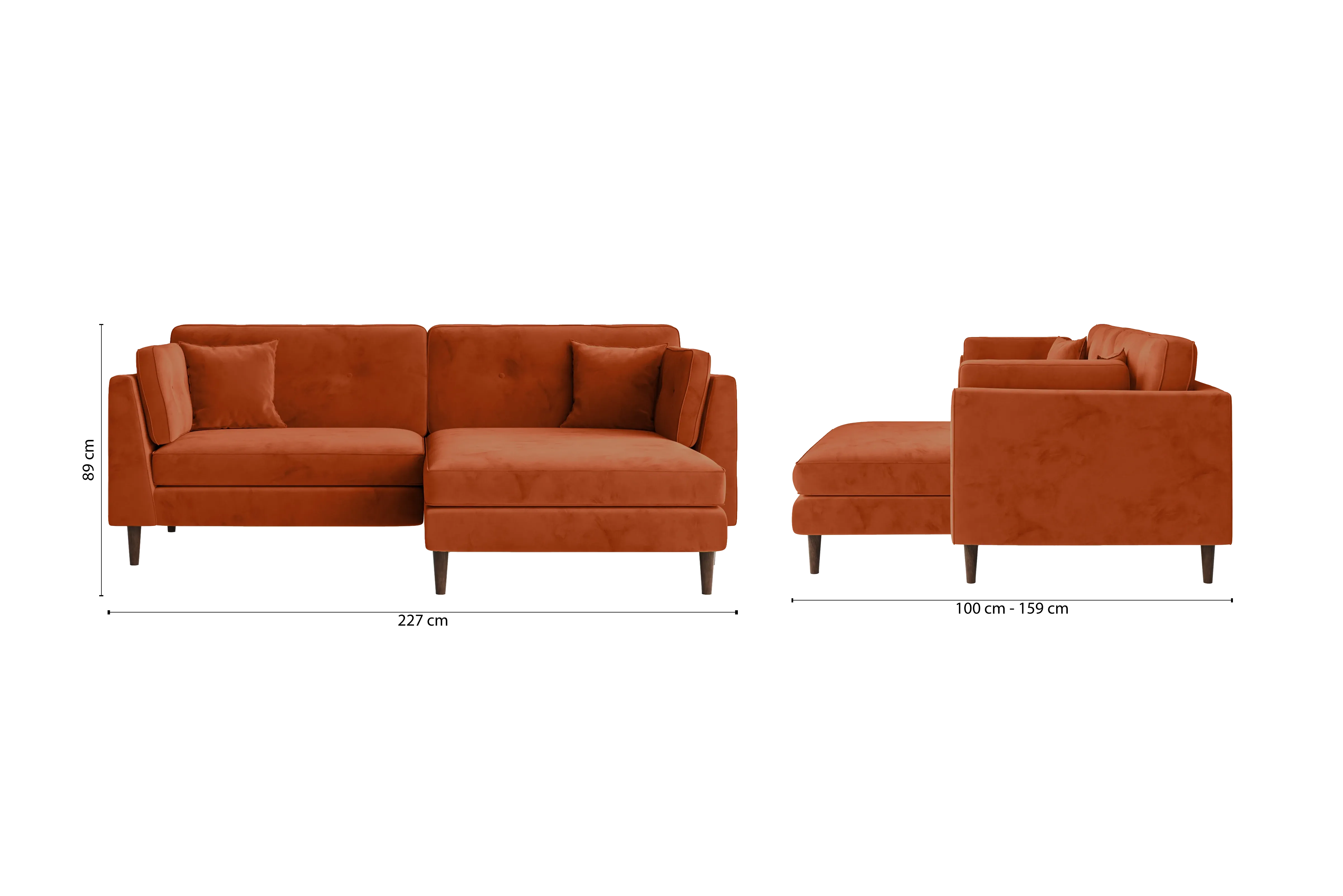 Ragusa 3 Seater Right Hand Facing Chaise Lounge Corner Sofa Orange Velvet