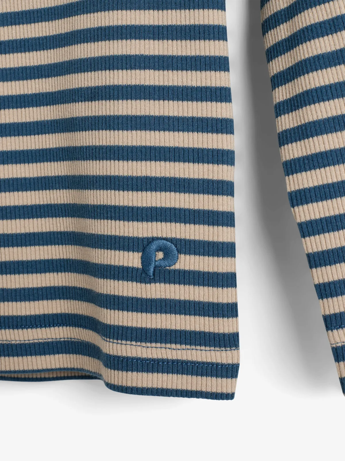 Striped Long Sleeved Basic Rib T-shirt - Kids - Stormy Blue/Beige