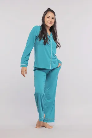 Teal Full Sleeve Button Down Pajama Set