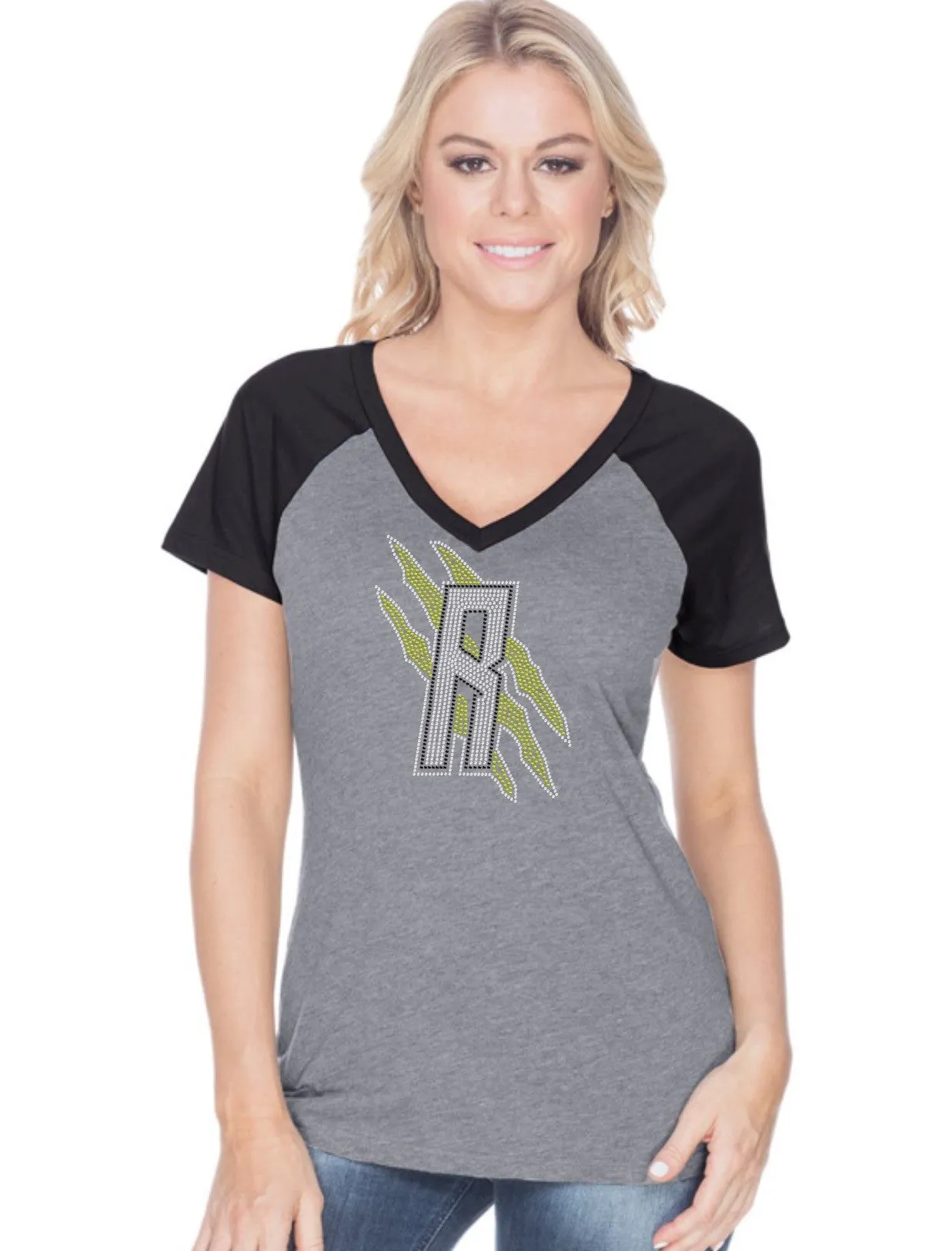 Womens Jersey Contrast V Neck Raglan Short Sleeve Tee-R