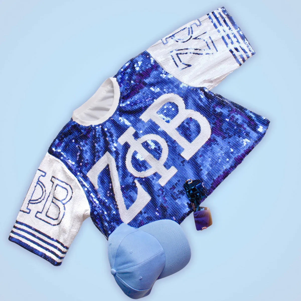 Zeta Phi Beta ZPB Sorority Blue and White Sequin Jersey Shirt